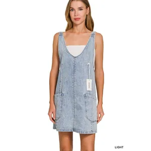 Zenana Denim Overall Dress with Front Pockets - Light - Small thumbnail 3