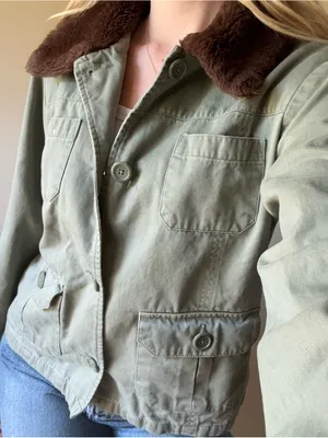 Olive Green Cotton Jacket with Brown Faux Fur Collar Size L thumbnail 7