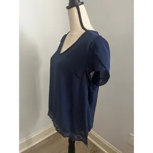Skies Are Blue Petal Sleeve Lace Hem Blouse Large V-Neck Navy Blue Office Minimalist Feminine thumbnail 4