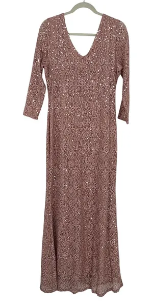 Marina Womens Pink Sequin Lace V-Neck Long Sleeve Maxi Gown Dress Size 14‎ thumbnail 1
