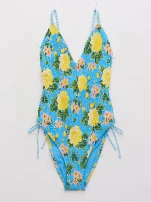 Aerie Smocked Plunge One Piece Swimsuit Size Small Blue Yellow Floral Beachy thumbnail 3
