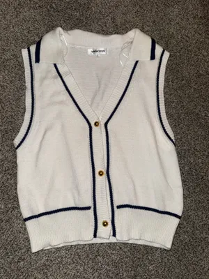Vigoss White and Navy Contrast Trim Knit Button-Up Sweater Vest Size L thumbnail 1