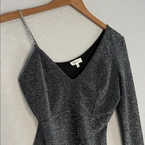 Love j Sparkly Silver Black Bodysuit Rhinestone Strap Long Sleeve Glam Going Out NYE thumbnail 2