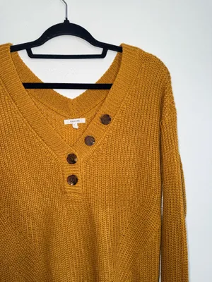 Maurices Highland Henley Sweater Solid Mustard Yellow V-neck Knit thumbnail 3