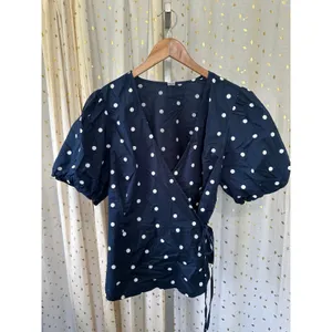 Old Navy 100% Cotton Polka Dot Waist Defined Puff-Sleeve Tie-Wrap Blouse XL thumbnail 2