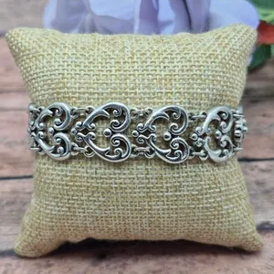 Silver Tone Ornate Heart Scroll Filigree Link Bracelet 7” Magnetic Clasp thumbnail 1