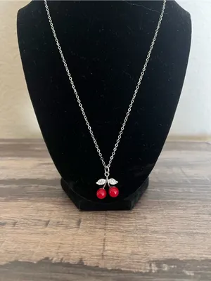 Cherries Design “18 Stainless Steel Silver Pendant Necklace NWT thumbnail 2