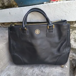 Tory Burch Black Leather Double-Handle Tote with Gold Logo thumbnail 1
