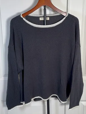 Natural Life Navy Blue Open Knit Sweater M Oversized Boho Crochet Trim Boat Neck thumbnail 1