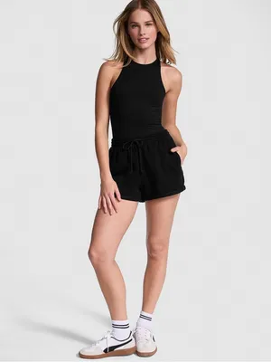 VICTORIA’S SECRET PINK Fleece Rolled Hem High-Rise Shorts Pure Black Comfy XL thumbnail 2