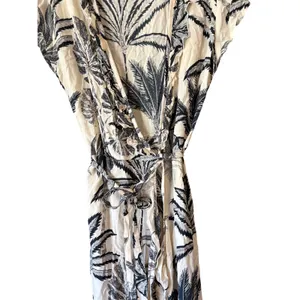 Tropical Palm Print Wrap Dress Cream Black Ruffle High Low Midi Small‎ thumbnail 2