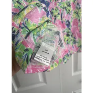 Casey Key Tropical‎ Palm Tree Top Womens 1X Pink Green Rayon Tie Sleeve Resort L thumbnail 7