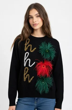 NWT Queen Of Sparkles Ho Ho Ho Sweater in Black Feather Tinsel Trim Christmas S thumbnail 1