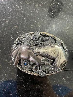 Western Black Leather Belt With Buckle Featuring Two Kissing Horse Heads thumbnail 4