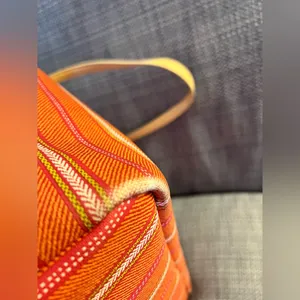 Coach Vintage Striped Orange& Pink Tote Bag with tan leather handles. Zip top thumbnail 8