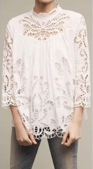 Anthropologie Haryln Butterfly Crochet Lace Peasant Top XS thumbnail 1