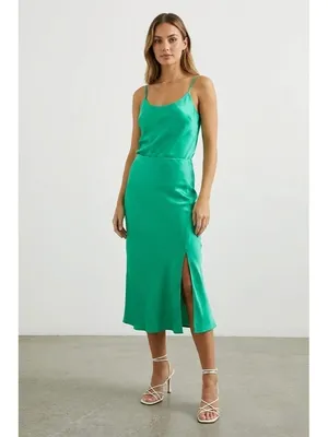 NWT Rails Maya in Jade Green Bias Cut Satin A-line Side Slit Slip Skirt XS thumbnail 2