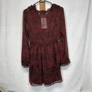 Zara Red & Black Cheetah Print Long‎ Sleeve Ruffled Mini Dress Size L thumbnail 4