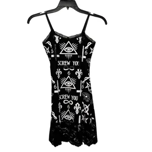 Rat Baby Womens Black Occult‎ Graphic Lace Trim Slip Mini Dress Small thumbnail 2