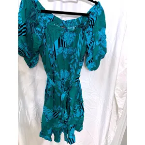 Boho Flowy‎ Dress 16 Teal Floral Cottagecore Romantic Tiered Belted Coastal Chic thumbnail 2