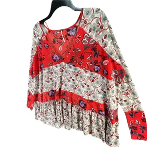 Free People Isabelle Tunic Top Womens XS Red Gray Floral Oversized Boho Feminine thumbnail 6