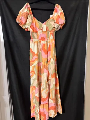 In the Beginning Pink & Orange Floral Midi Dress with V Neckline thumbnail 2