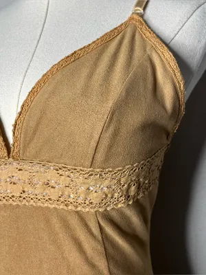 Y2K Vintage Camel Brown Faux Suede V Neck Sheer Lace Trim Bodycon Dress Fairy thumbnail 5