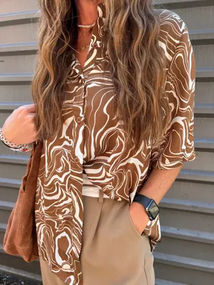 Princess Polly Marble Mae Button Up Satin Shirt Multicolor Brown/Tan Size 4 thumbnail 2