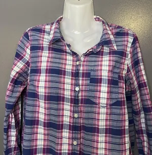 Gap Shirt Womens Small Blue Pink Boyfriend Plaid Long Sleeve Button Front Top thumbnail 1