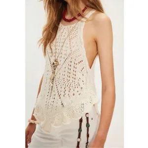 Free People Retro 70s Beachy Crochet Sea Song Sweater Tank Tunic Medium Neutral thumbnail 3