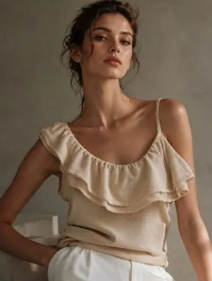 New Zara Ruffle One Shoulder Cream Soft Knit Tie Back Top L thumbnail 1