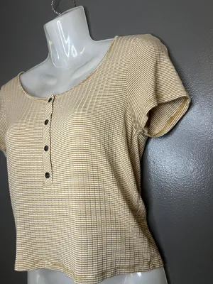 American Eagle Outfitters Shirt Womens Small Beige Stripe Button Front Cropped thumbnail 3