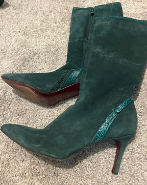 Ann Taylor Green Suede Velvet Leather Pointed Toe Heels Boots Knee High Booties thumbnail 2