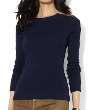 LAUREN RALPH LAUREN LRL Gacy Zip Shoulder Crew Navy Blue Long Sleeve Cotton Top thumbnail 1