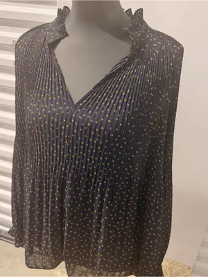 Ann Taylor Navy Gold Pleated Floral Blouse Medium Long Sleeve V Neck thumbnail 1