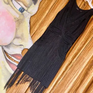 Sheri Bodell Art Deco Flapper Fringe Bodycon Cocktail Sexy Black Mini Dress XS thumbnail 3