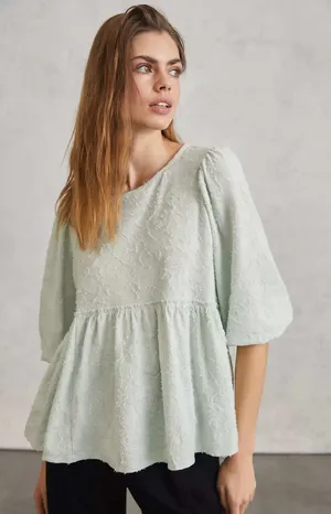 Anthropologie Mint Green Amorina Babydoll Top Textured‎ Puff Sleeve Small thumbnail 1
