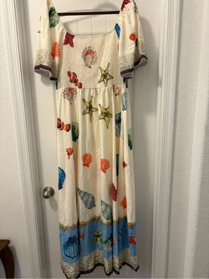 SHEIN Cream Maxi Dress with Blue Border and Multicolor Seashell Prints Size 2X thumbnail 2