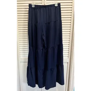 SHEIN Navy Wide Leg Pants High Rise Tiered Ruffle Size 0XL Flowy Elastic‎ Waist thumbnail 4