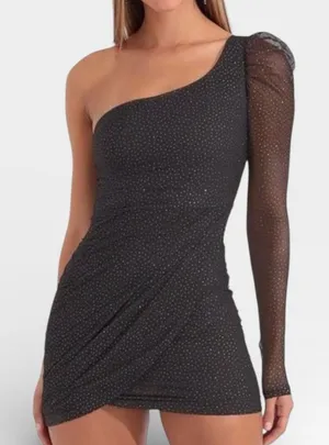 Lucy in the Sky Black Glitter Polka Dot One-Shoulder Dress Sheer Sleeve MEDIUM thumbnail 1