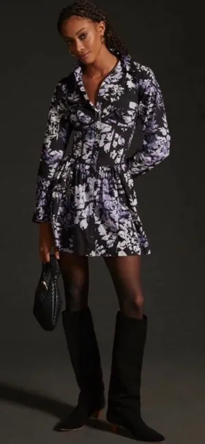 By Anthropologie Corset Mini Dress Black Motif Floral Button Front Size‎ 14 NEW thumbnail 1