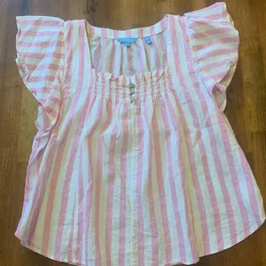 Draper James top Large Pink White Stripes Linen cotton blend square neck smocked thumbnail 1