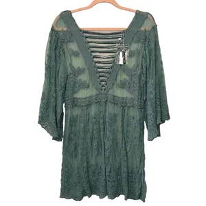 SHEIN Sheer Lace Boho Tunic Top Green One Size NWT Lace Up Babydoll‎ thumbnail 2