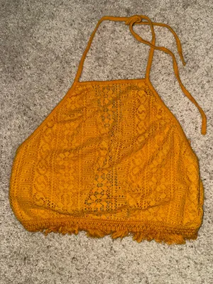 Earthbound Mustard Yellow Crochet Halter Crop Top thumbnail 2