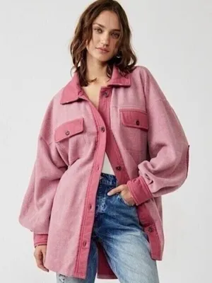 Free People Ruby Oversized Shirt Jacket Pink Shacket Distressed Cotton thumbnail 1