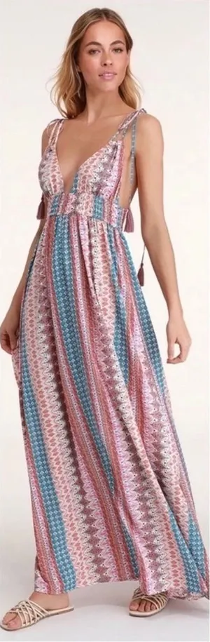 Lulus Boho Geometric Print Tassel Tie-Strap Smocked Maxi Dress Multicolor Medium thumbnail 1