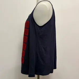 Solitaire Tank Top Large Navy Blue Red Embroidered Tassel Keyhole Boho Folk thumbnail 3
