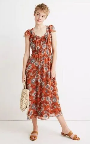 Madewell Sheer-Sleeve Button-Front Midi Dress in Gathered Blooms Rust Size 12 thumbnail 1