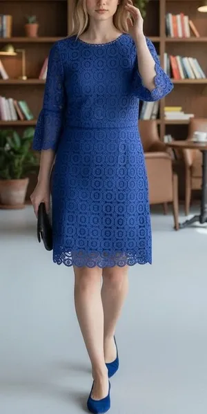 Boden Royal Blue Cotton Circle Lace Bell Sleeve Sheath Dress US‎ 6R thumbnail 1