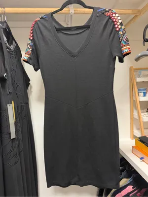 Zara Black Short Sleeve Dress with Multicolor Bead Embellished Shoulders thumbnail 3